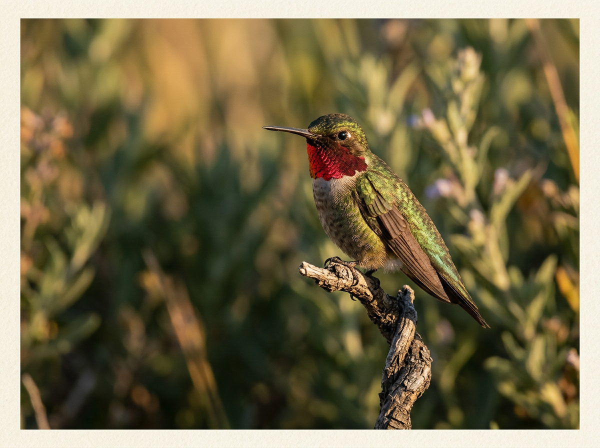 Hummingbird on a walnut branch — Gibbs Corporation field-journal mark
